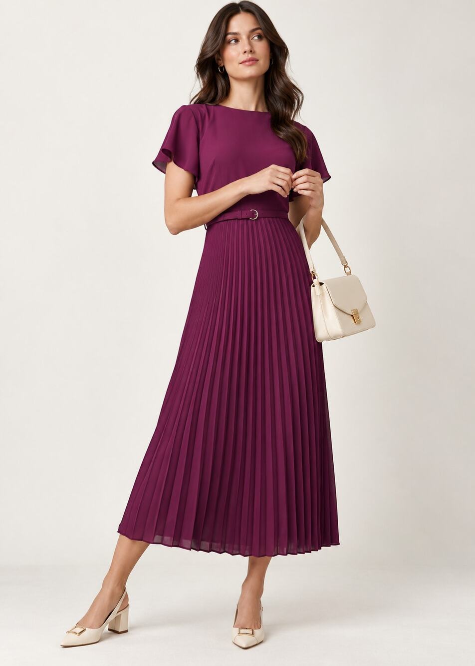 Ann Taylor Pleated Flare Midi Dress Short Sleeve Purple Amaranth Womens Size 12